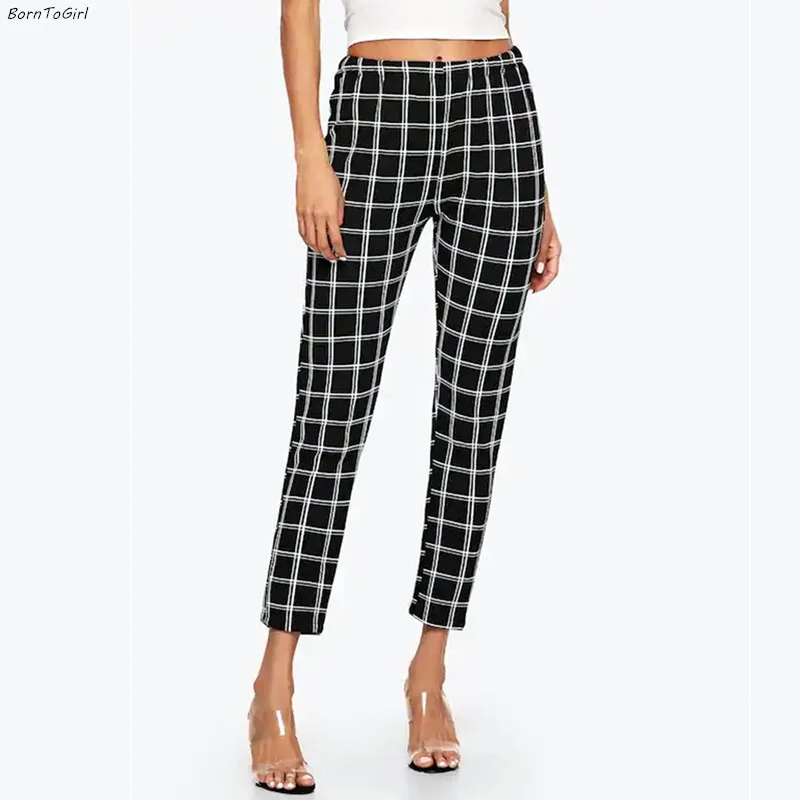 

BornToGirl 2019 Fashion Casual Slim Vintage Black Grid Pants For Women Autumn Winter Streetwear Capris Pants Trousers