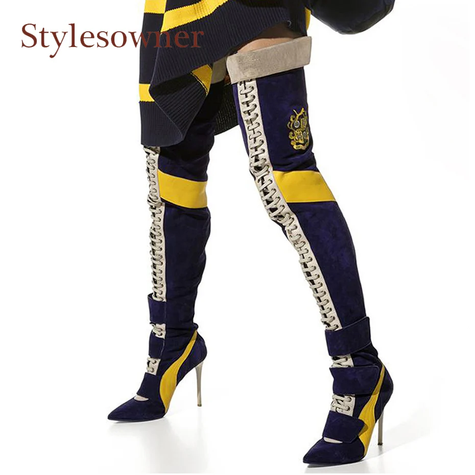 

Stylesowner mixed color over the knee boots women cross tied pointed toe thin heel thigh high boots lady runway t show long boot