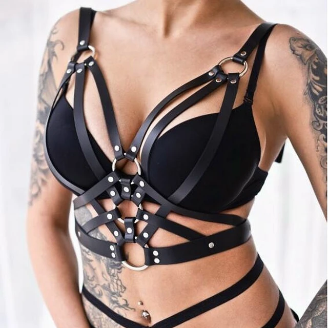 Women PU Leather Harness Waist Body Belt Sexy Punk Gothic Bra Bondage Black  Chest Strap KYY8632