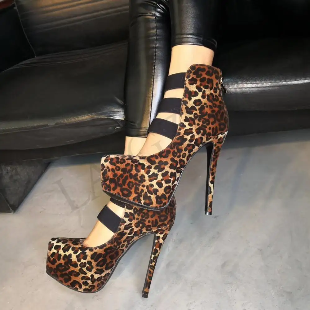 LAIGZEM SUPER Women Heels Evening Party Club Pumps Back Zipper Leopard High Heels Shoes Woman Tacones Mujer Large Size 34-52