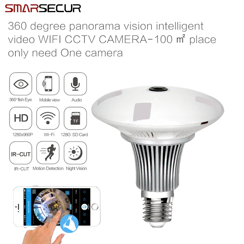 SMARSECUR 360 градусов Лампа IP камера беспроводная Wifi Рыбий глаз объектив 1080P HD лампа