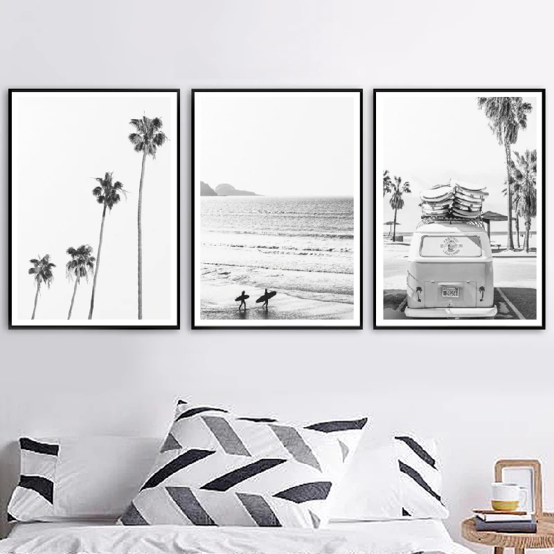 Пляж тропический пейзаж плакаты принты пальмовый пляж серфинга стены искусства холст живопись черный и белый фотографии домашний декор