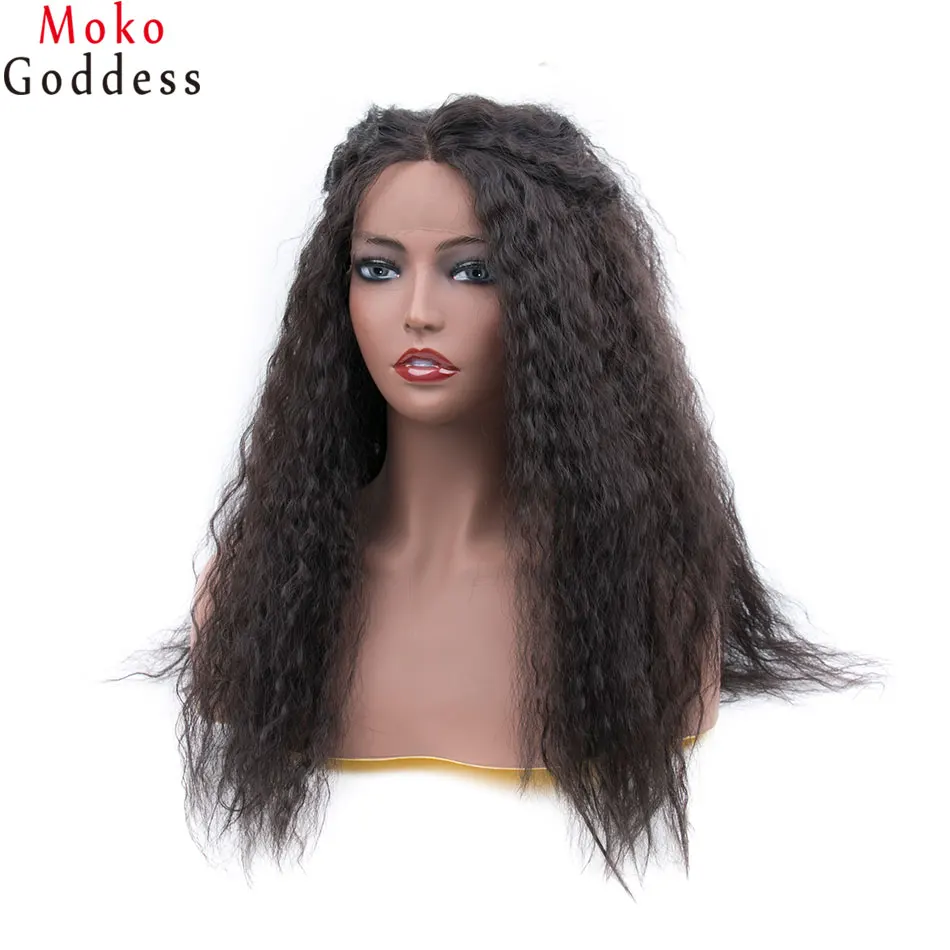Mokogoddess 150% плотность черные прямые волосы Yaki синтетические парики шнурка передние