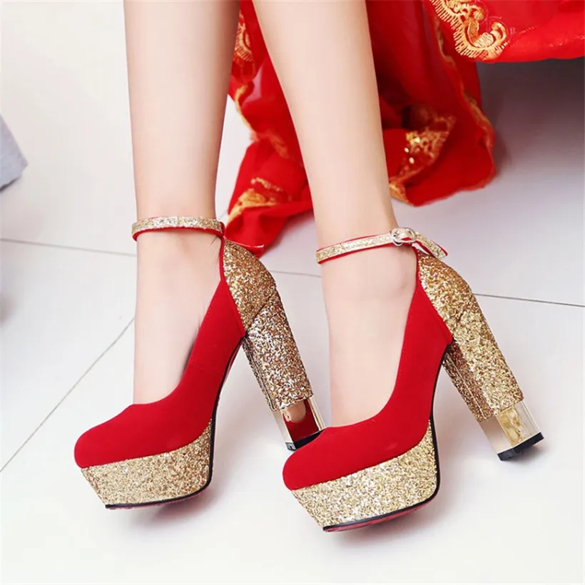 Серебристые женские туфли-лодочки на платформе для подружки невесты; туфли на высоком массивном квадратном каблуке; вечерние красные женские туфли из искусственной кожи, расшитые блестками, с ремешком на щиколотке - Цвет: Red