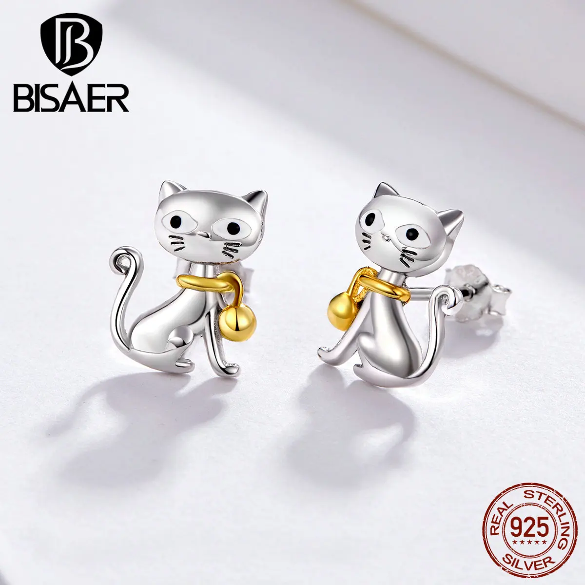 Серьги BISAER Meow, 925 пробы, серебряные серьги с милым котенком, серьги с колокольчиком, кошачьим Мяу, ювелирные изделия, аксессуары для животных, подарки GAE112