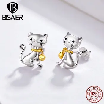 

BISAER Meow Earrings 925 Sterling Silver Cute Kitty Earrings With Bell Cat Meow Earrings Jewelry Animal Accessories Gifts GAE112