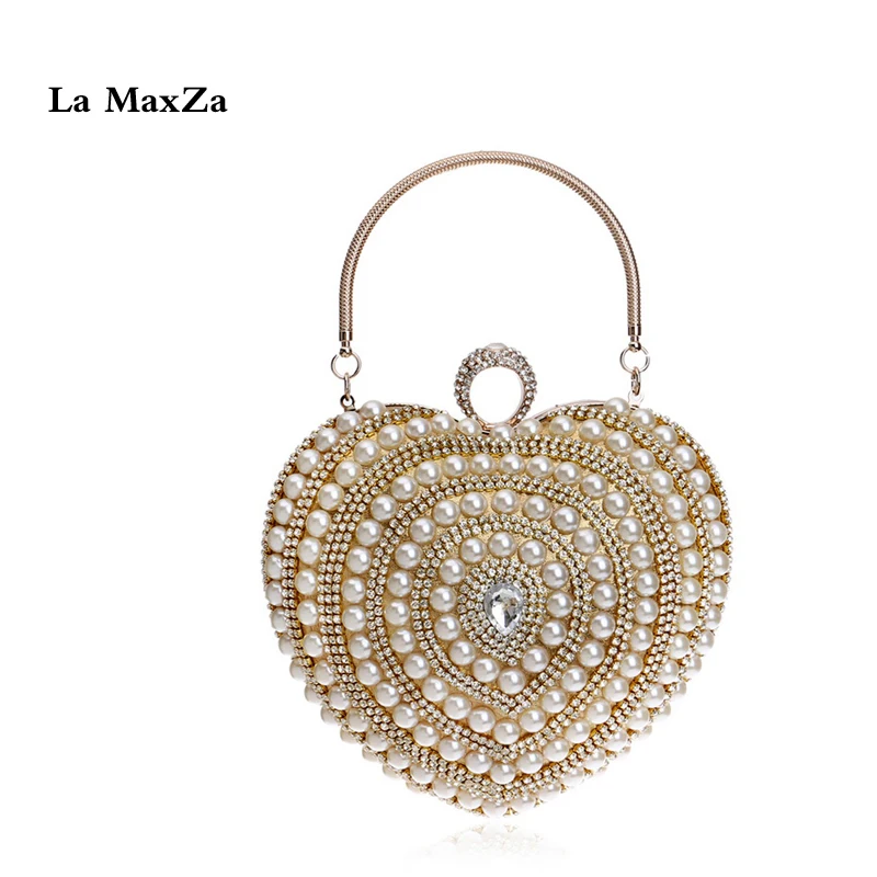 

La MaxZa Heart-Shaped Exquisite Pearls Clutch Bag Women Ladies Party Bag Fashion Small Handbag Evening show bag