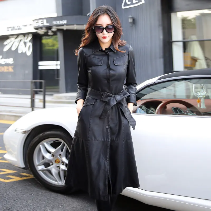 leather jacket women spring autumn Slim Long Leather