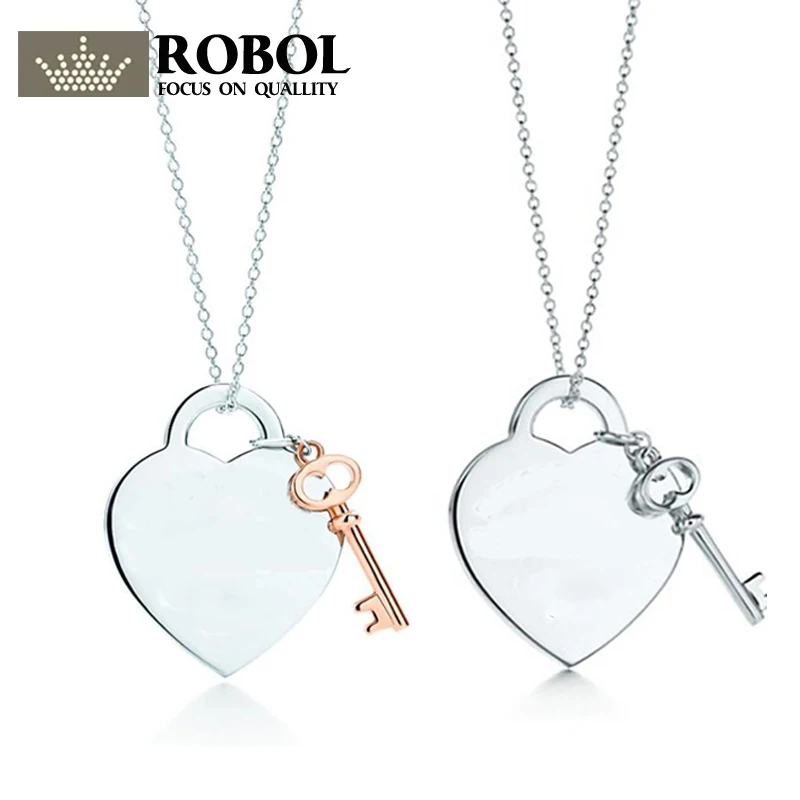 

ROBOL 100% Heart Shape Key Lock Pendant Necklace in Sterling Silver Genuine Clavicle Necklace Gifts Accessories