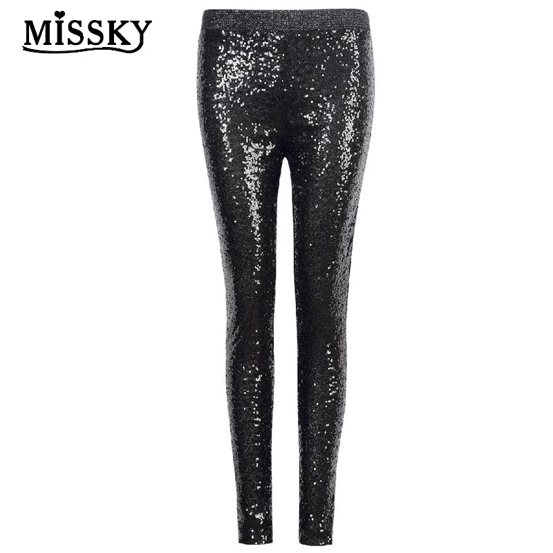 

MISSKY Lanlan Women Fashion Shiny Sequin Stretch Skinny Legging Pant Black S