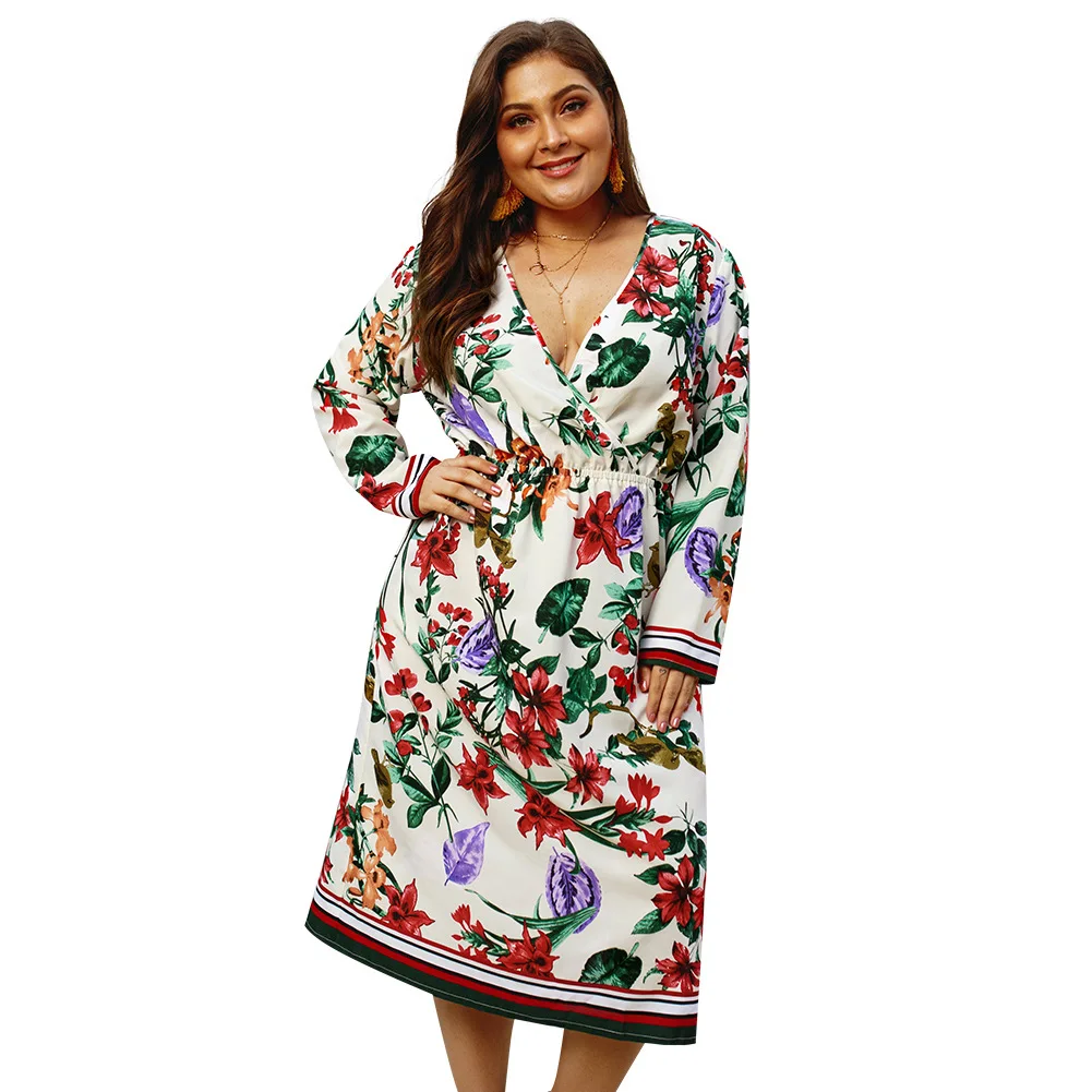 

Summer Big Size Dresses for Women Super Size Casual Floral Bohemian Mid Length Dress Ladies Oversize Plump Girl Elegant Dresses