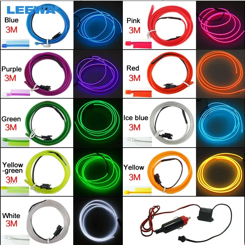 

FEELDO 15set 3M Car Decoration Flexible Moulding EL Neon Glow Lighting Rope Strip With Fin And Cigar/Cigarette Lighter #CA3580