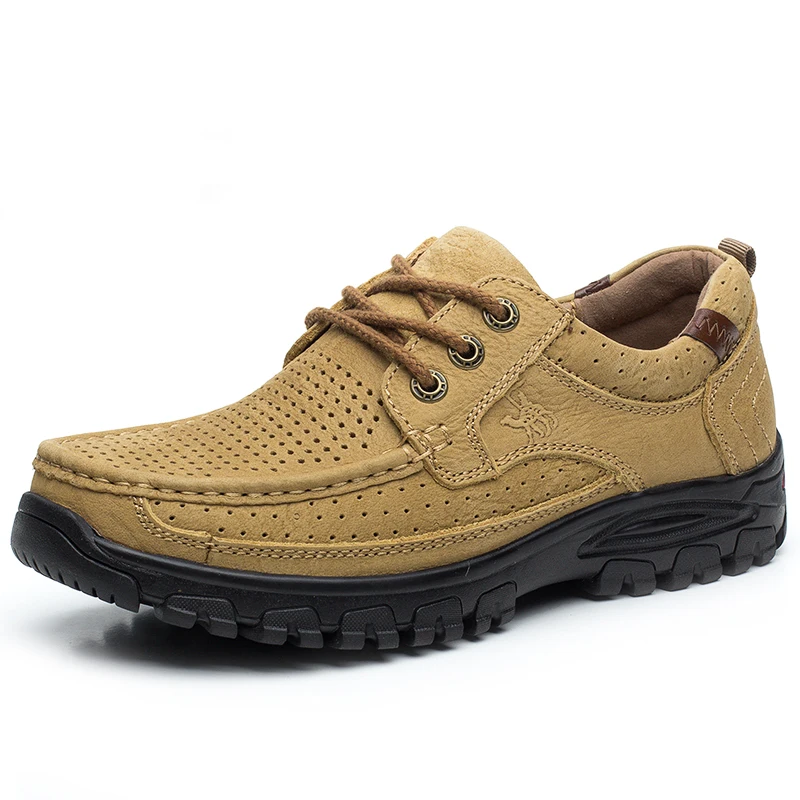 

2019 New Breathable Casual Shoes Men Genuine Leather Quality Outdoor Men Flat Walking Shoes Gray Khaki Man Fashion Footwear
