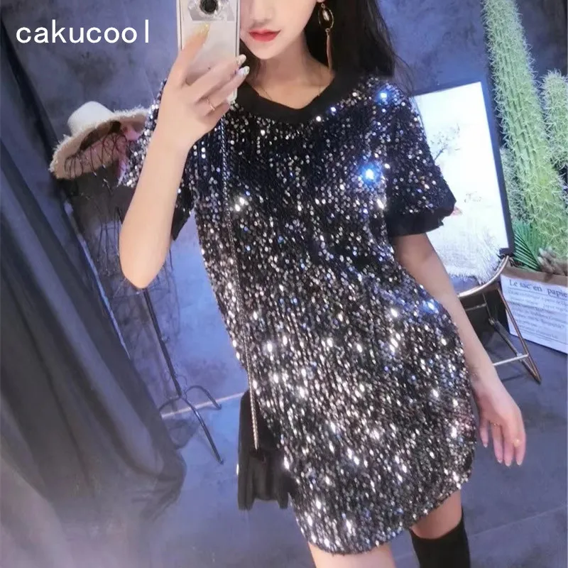 Cakucool, новое платье с коротким рукавом, круглый вырез, блестящее, серебряное, расшитое блестками, короткое, Vestido, шикарное, свободное, тонкое платье, Mujer Vadim, черное