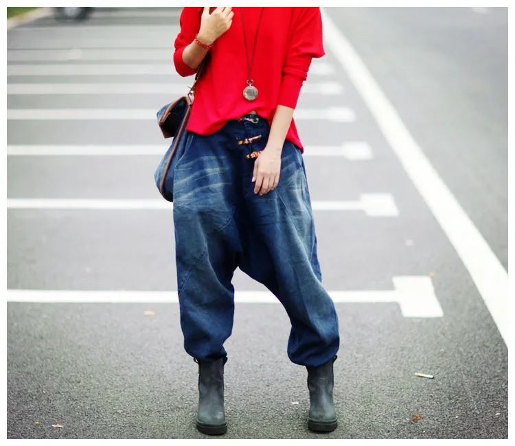 Women 2016 National Plate Button Loose Jeans Cross pants Female Plus Size Trousers Ladies Denim Pants