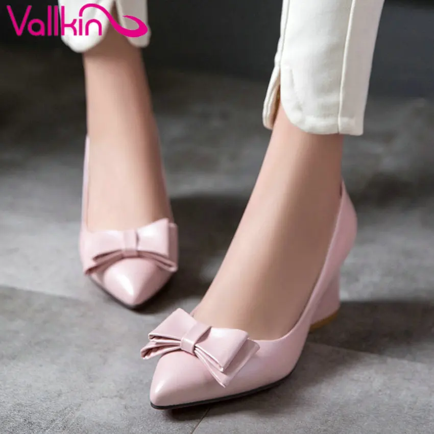 

VALLKIN 2017 Elegant Women Pumps Black OL Shoes Square High Heel Ladies Pumps Bow Tie Pointed Toe Wedding Shoe Plus Size 34-43