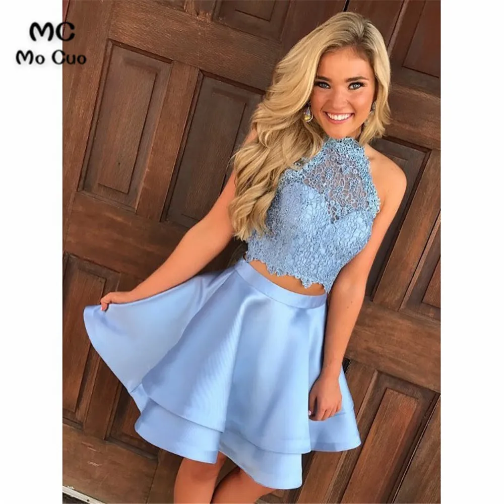 

Illusion Two Pieces Gown Blue Homecoming Dresses with Lace Beaded Graduation Prom Gown Homecoming Cocktail Party Dress