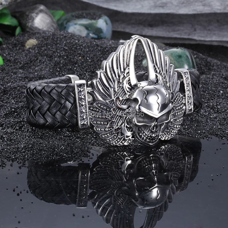 

8.66'' Cool 316L Stainless Steel Men's Heavy Genuine leather Large Angel wings Skull Bracelet Bangle Husband / father gifts