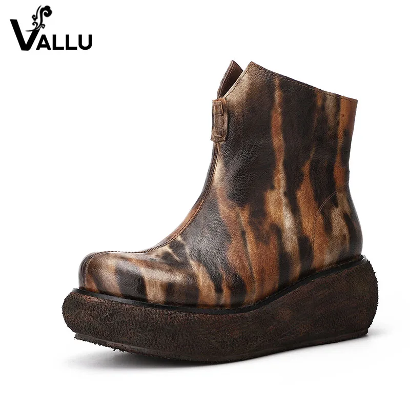 

VALLU Orginal Design Women Platform Wedges Ankle Boots Round Toes Vintage Handmade Genuine Leather Ladies Leather Boots