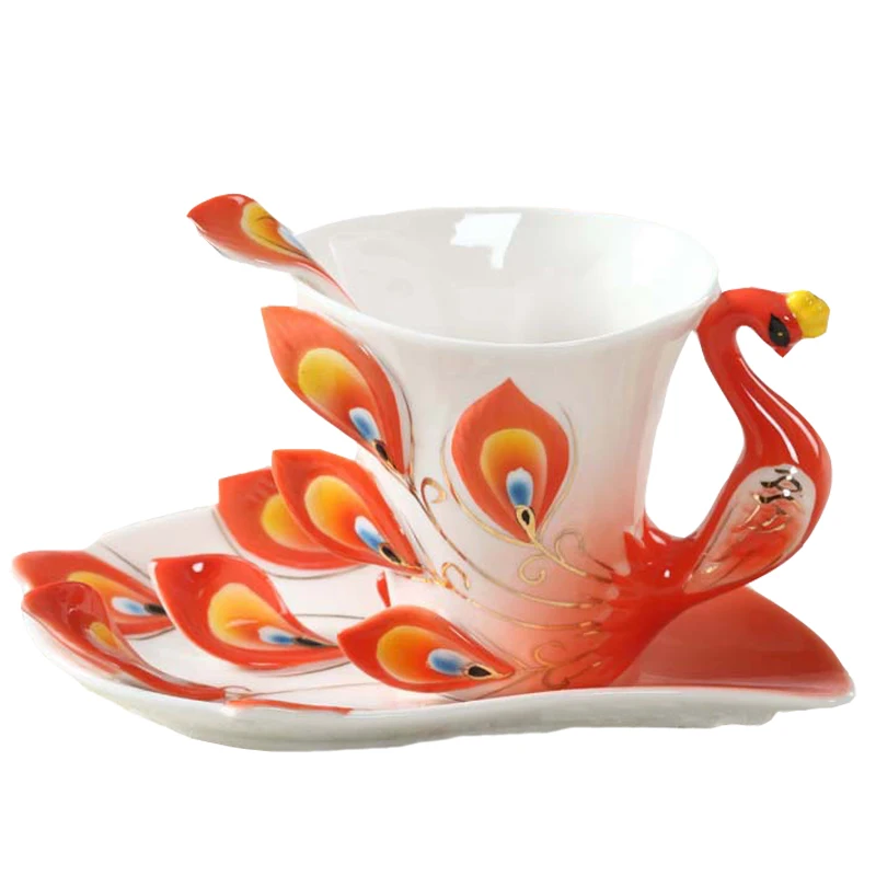 Peacock Enamel Porcelain Coffee Mug Set Ceramic Tea Milk Cups and Saucers With Spoons Creative China Bone Drinkware Gift Peacock Enamel Porcelain Coffee Mug Set Ceramic Tea Milk Cups and Saucers With Spoons Creative China Bone Drinkware Gift