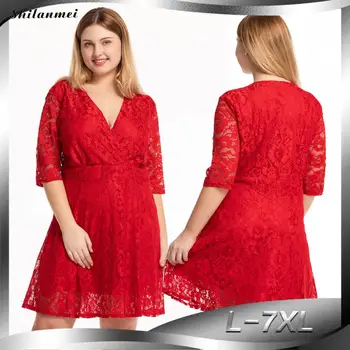 

7XL Plus Size Dress Fashion Women Elegant Sweet Hallow Out Lace Dress Sexy Party Princess Slim Summer Dresses Red Mini Vestidos