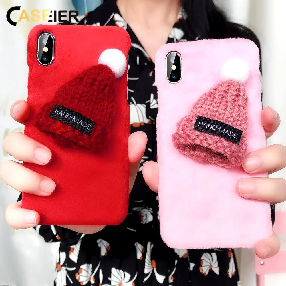 

CASEIER Christmas Winter Phone Case For iPhone X XS MAX XR Knitted Hairy Hat Cover For iPhone 8 7 6 6S 5 5S SE Warm Fundas Capa