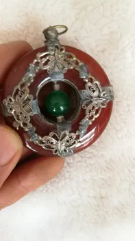

China old Tibet Silver Mosaic agate Ping buckle Prayer blessing Pendant