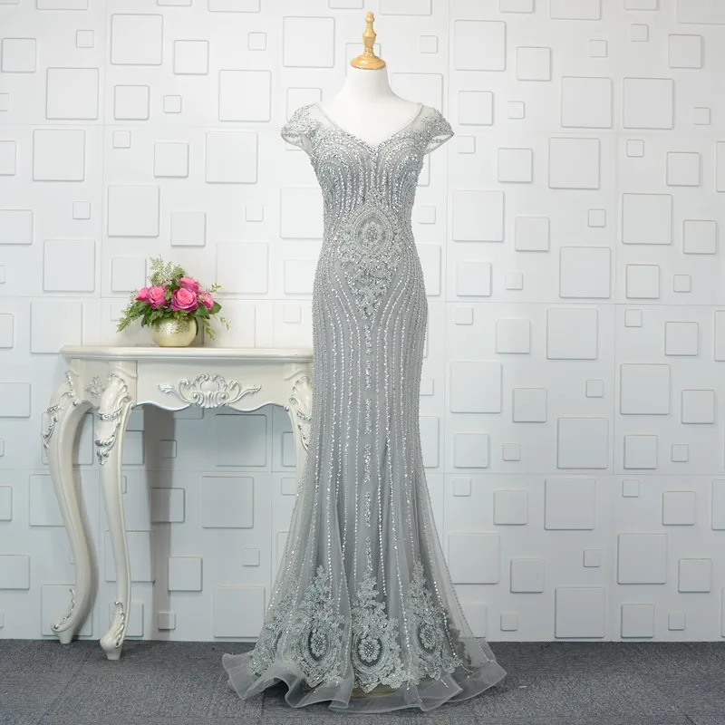 Женское вечернее платье SSYFashion серое платье-Русалочка с блестками длиной до пола
