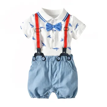

Infant Baby Boy Clothing Set 2019 Summer Shark Bow tie Romper+Suspender Stripe Shorts 2 Pieces Newborn Baby Boy Clothes Outfits
