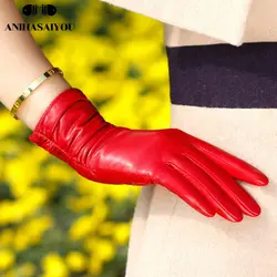 Мода плиссировка женские кожаные перчатки короткие зимние кожаные перчатки Женские Классические натуральная кожа Перчатки женщин