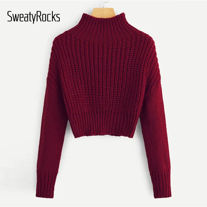 Продажа Свитер SweatyRocks с воротником стойкой, короткий свитер с длинным рукавом, женские элегантные пуловеры, топы, осень 2018, Женские Повседневные баз...
