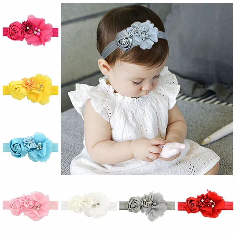 Newborn Baby Girl Elastic Headband Chiffon Flower Pearls Hair Band Accessories