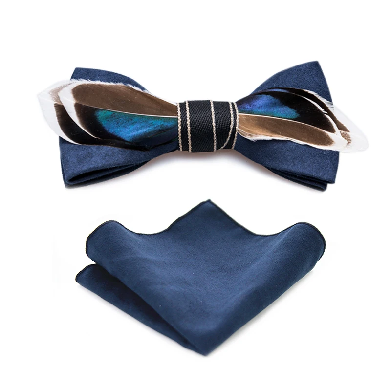 High Quality Men Bow tie Pocket Square Set Handmade Cut Feather Adjustable Formal Tie Bowtie Wedding Party cravat Fathers gift | Аксессуары
