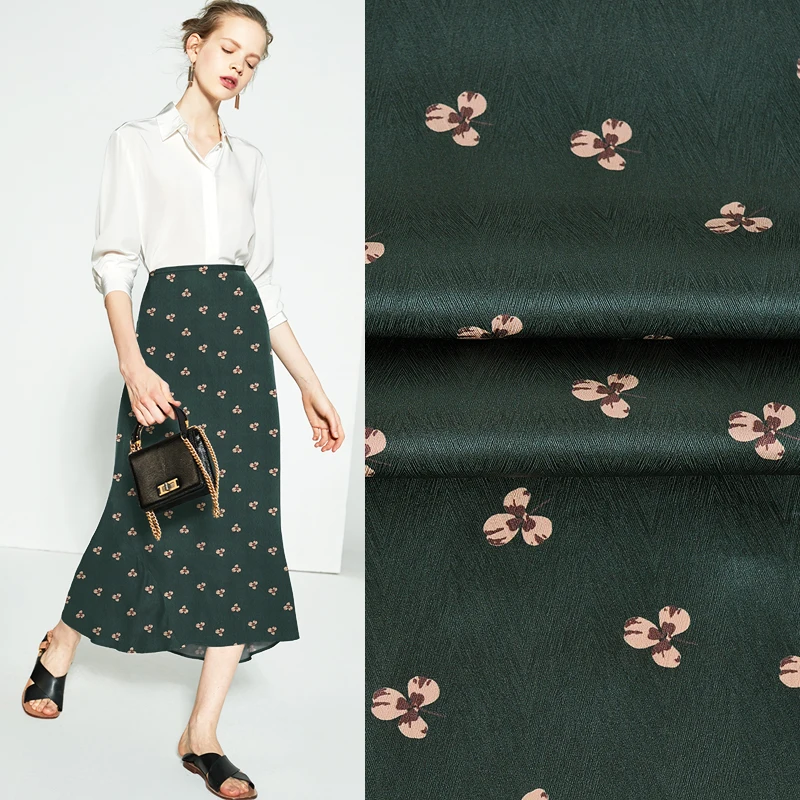 

Silk Fabric 1 Meter Herringbone Three Petals Dark Green Tissu Satin Stretch Dress Material Width 118cm