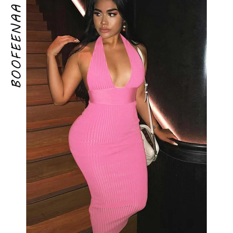 

BOOFEENAA Ribbed Knit Halter Backless Maxi Long Dress for Party Night Club Sexy Bandage Bodycon Dress Vestidos Largos C92-AB54