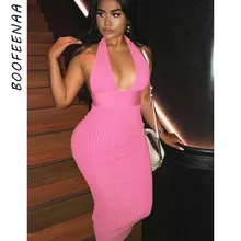 BOOFEENAA-Vestido largo acanalado de punto con cuello Halter y espalda descubierta, vestido para fiesta nocturna, Sexy, ceñido, C92-AB54