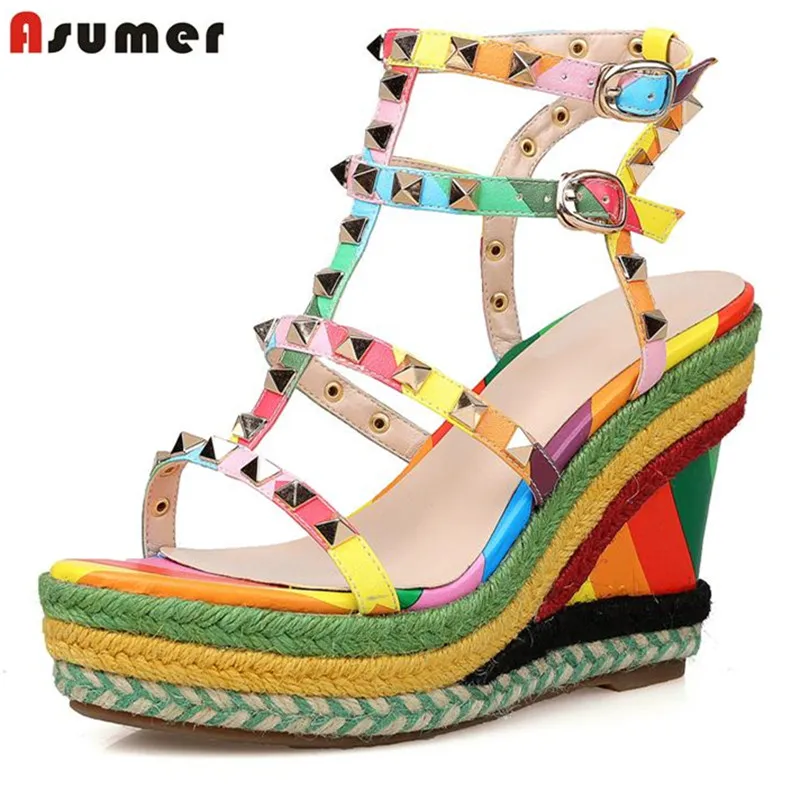 

2016 summer new arrival hot sale woman sandals printing geunine leather platform shoes wedges high heels elegant lady shoes