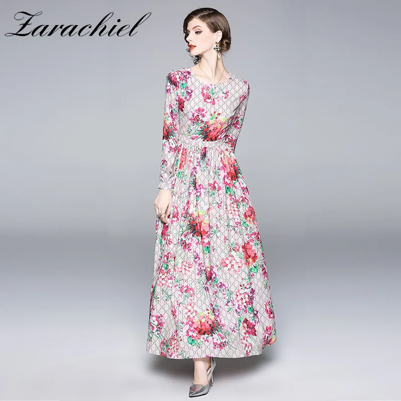 

Fashion Designer Runway Maxi Dress 2019 Fall Women's Long Sleeve Flower Print Plaid Long Dress Elegant Casual Pink Floral Dress