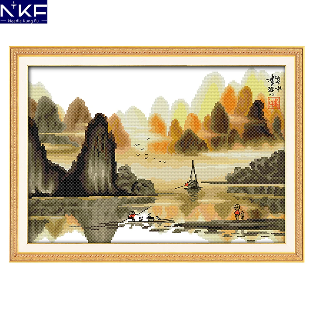 

NKF Poetic Li River Embroidery Cross Stitch Kits Needlework Scenery Painting Designs for the Needle Cross Stitch Home Decoration