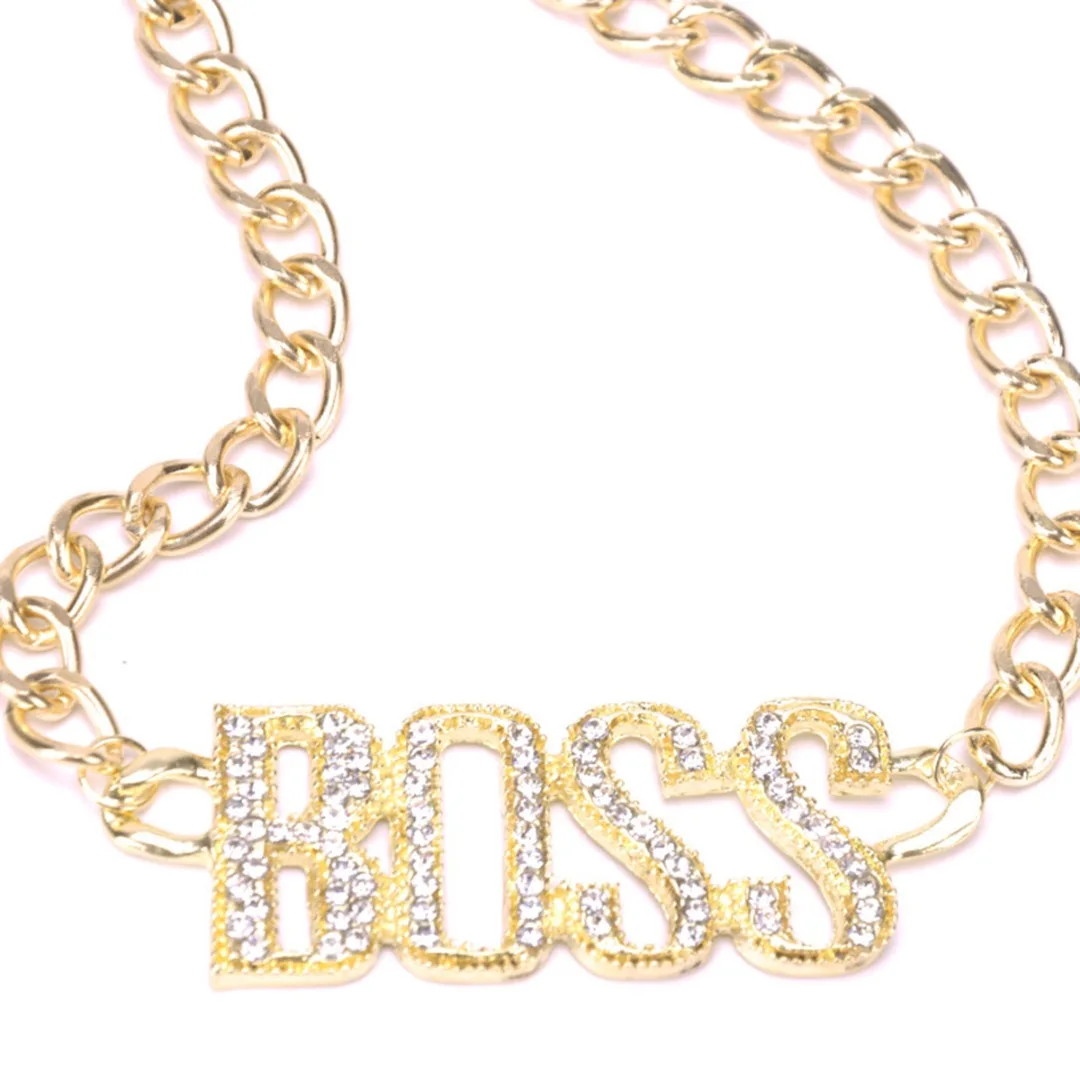 

Punk Retro Crystal Letter BOSS Necklace For Men Hip Hop Jewelry Fashion Rock Statement Silver Gold Rhinestone Choker Shellhard