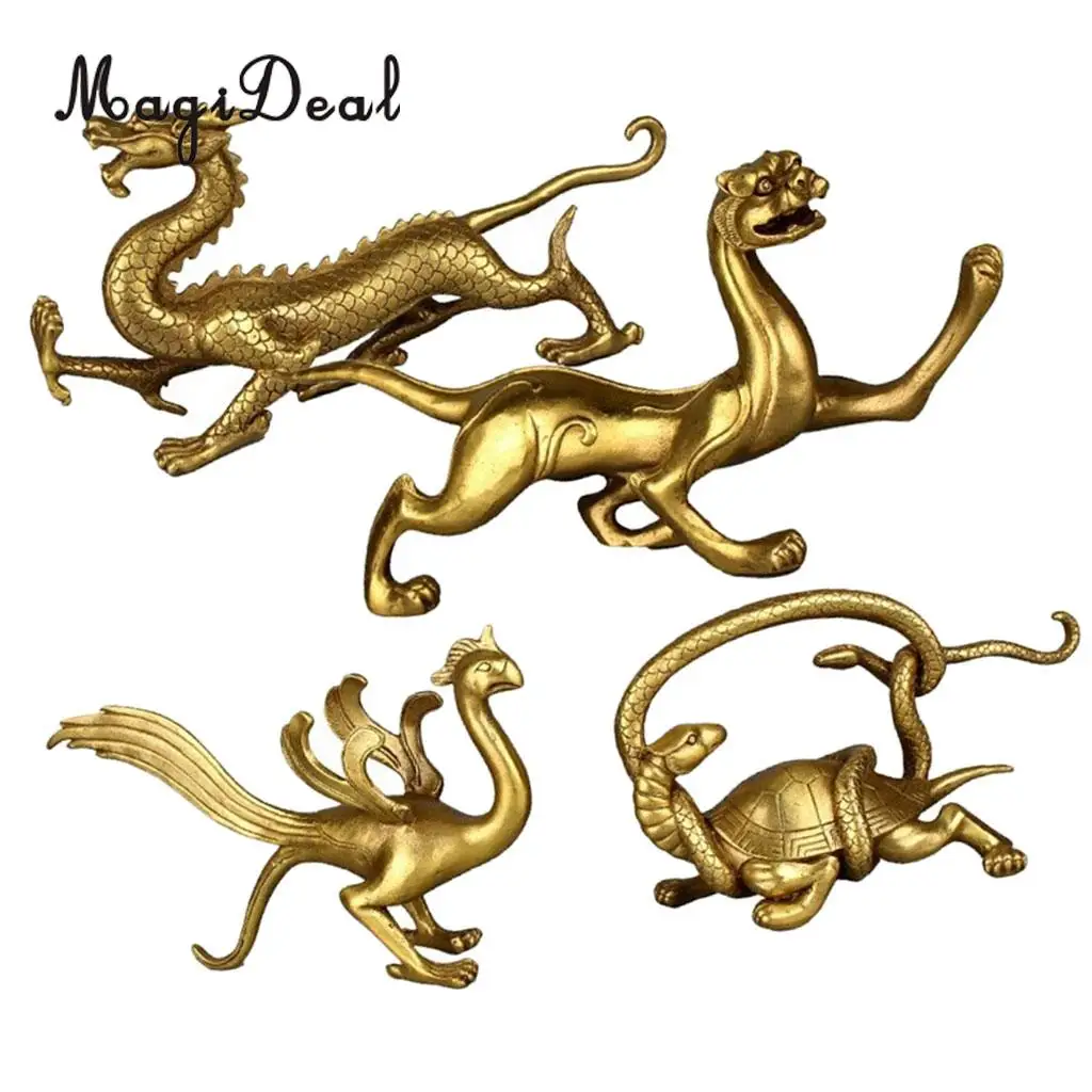 Chinese Folk Beast God Golden Copper Lucky Dragons  Fengshui Figurine Decor 4-set - East/West/North/South Orientation