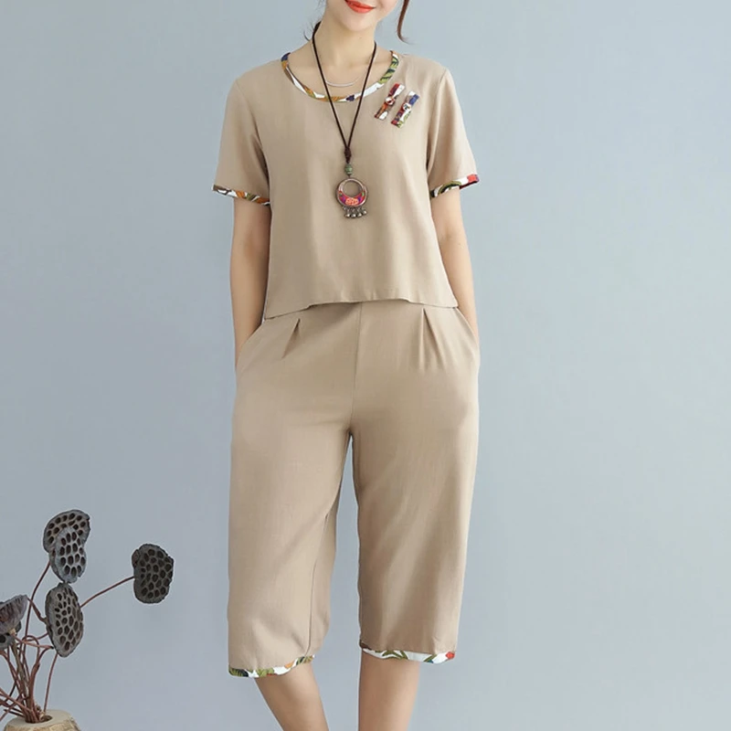 Conjunto de duas Peças de Verão Chinês Tradicional Botão de Duas Peças Set Top E Calças de Algodão De Linho Das Senhoras 2 Peça Definir Mulheres