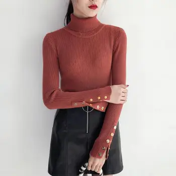 

Turtleneck Sweater Women Fashion Female Thickening 2018 Winter Long-sleeved Slit Buttons Sleeves Bodycon Pullover Lady Sweaters