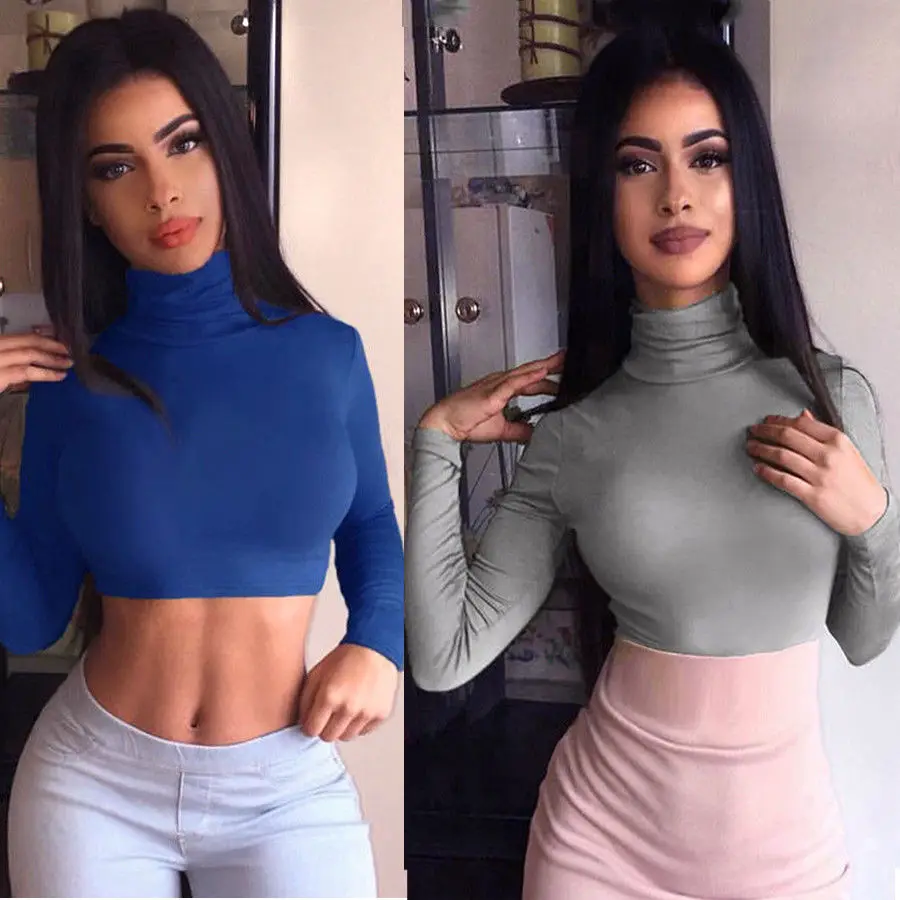

Fashion Women Turtle Neck Tops Long Sleeve Plain Stretch Casual T- Shirts Sexy Cotton Sweat Short Top T Shirt