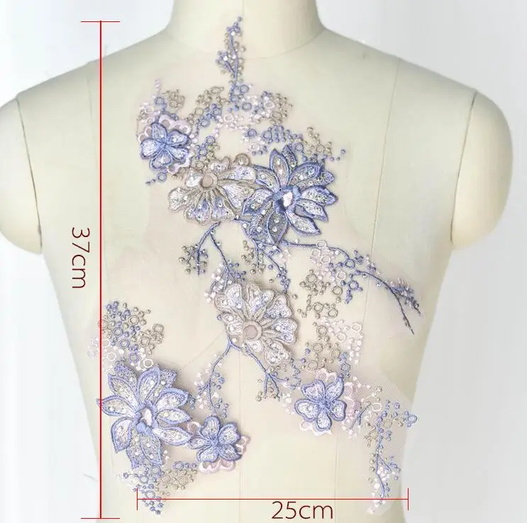 1 шт 37*25 см 3D цветок фиолетовая сетка вышитая кружевная аппликация со стразами DIY кружевная ткань отделка