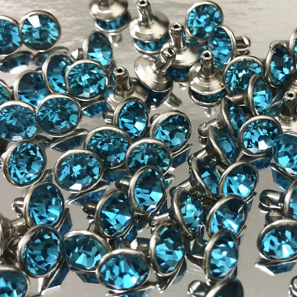 

New 8MM 50 Sets CZ++ Aquamarine Blue Crystal Rapid Rivets Silver Plated Spots Studs Double Cap for DIY Leather-Craft Making