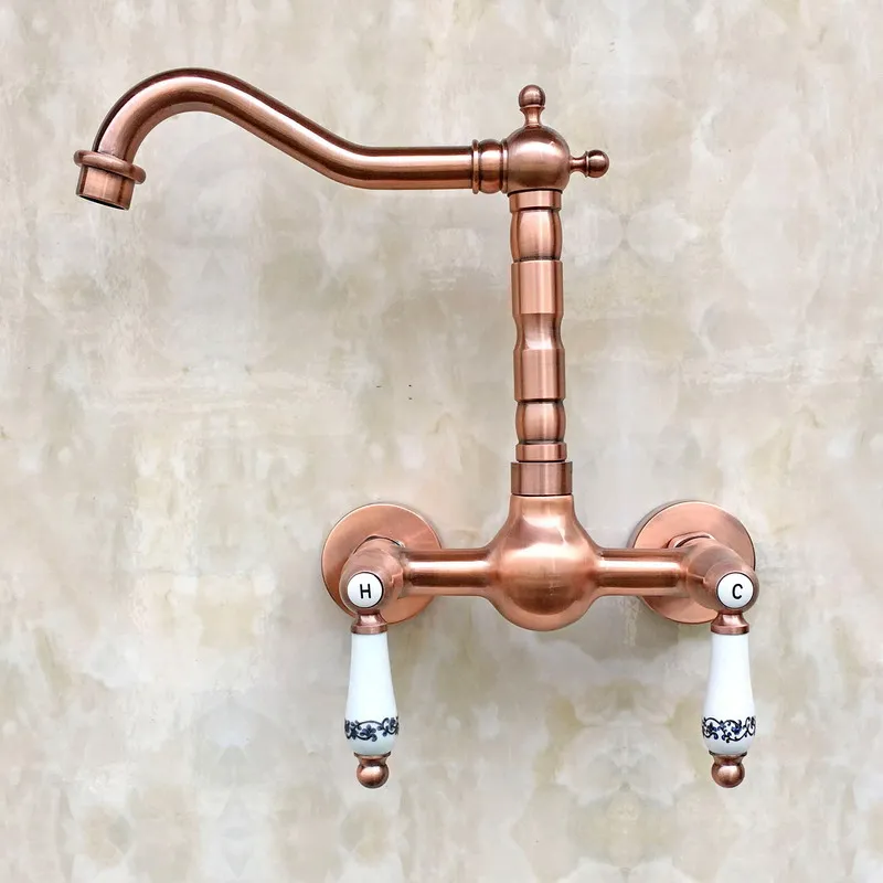 Antique Red Copper Two Ceramics handles Wall Mounted Kitchen Bathroom Vessel Sink Swivel Spout Faucet Water Tap arg032
