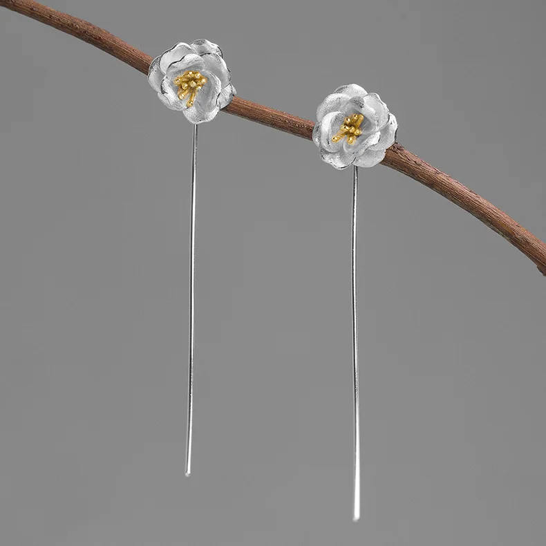 Серьги в виде цветка камелии из 925 пробы серебра для женщин, модные висячие серьги, ювелирные изделия