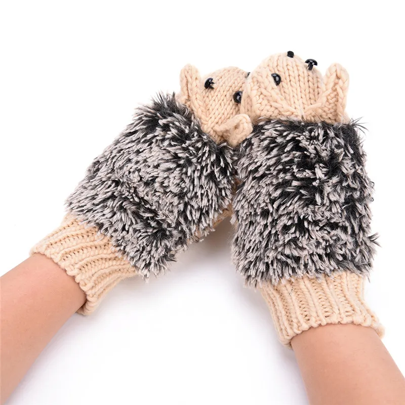 1 Pair Cartoon Winter Hedgehog Knit Gloves Novelty Warm Fitness Gloves Heated Villus Wrist Mittens For Women Girls 8 Colors