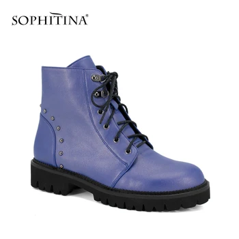 

SOPHITINA New Hot Sale Autumn Ankle Women Boot High Quality Genuine Leather Retro Round Toe Comfortable Low Heel Rivet shoes M50
